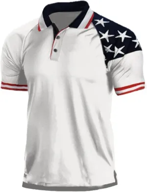 H HYFOL Short Sleeve Polo Shirts for Men Star Patchwork Graphic Stretch Casual American Patriotic Raglan Golf Polos for Men