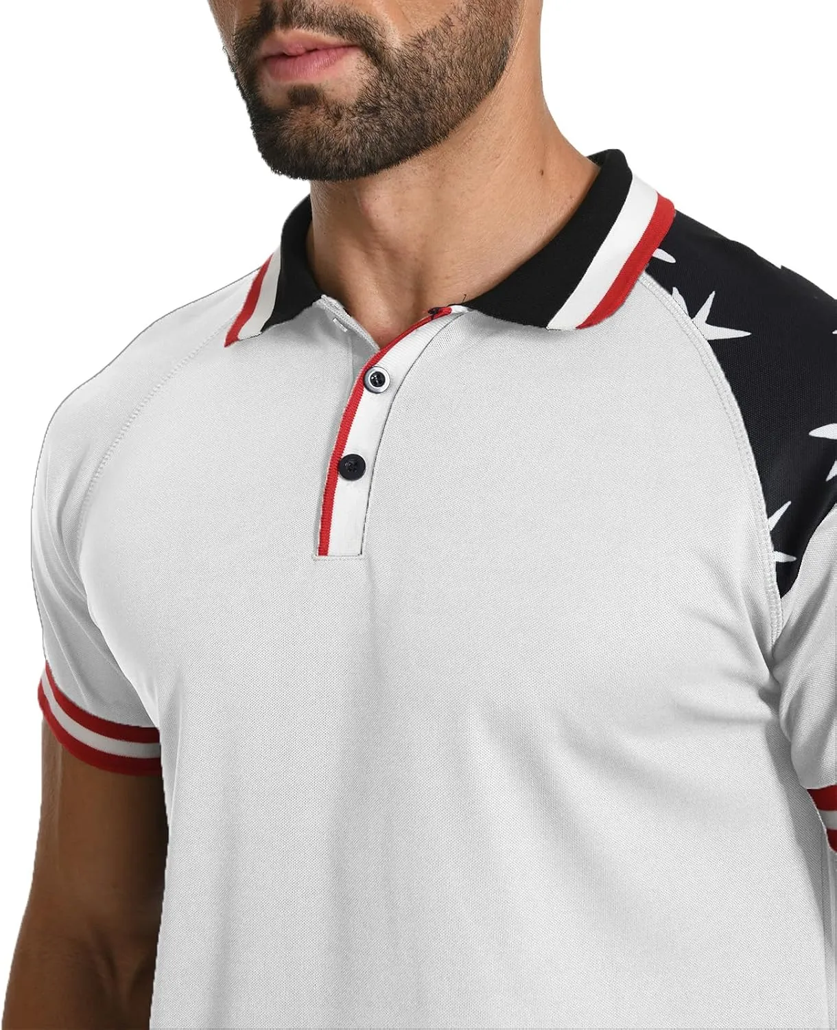 H HYFOL Short Sleeve Polo Shirts for Men Star Patchwork Graphic Stretch Casual American Patriotic Raglan Golf Polos for Men