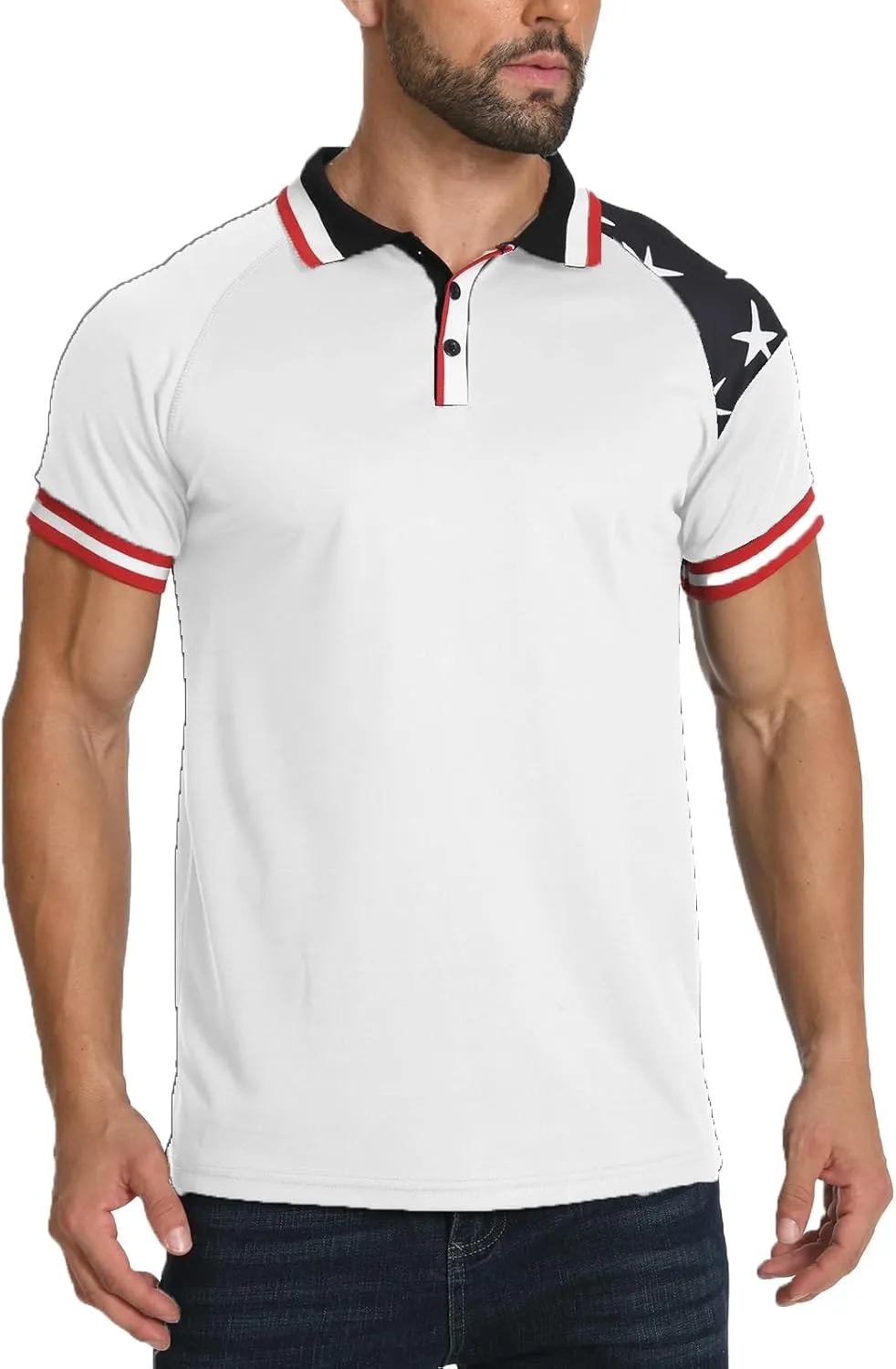 H HYFOL Short Sleeve Polo Shirts for Men Star Patchwork Graphic Stretch Casual American Patriotic Raglan Golf Polos for Men