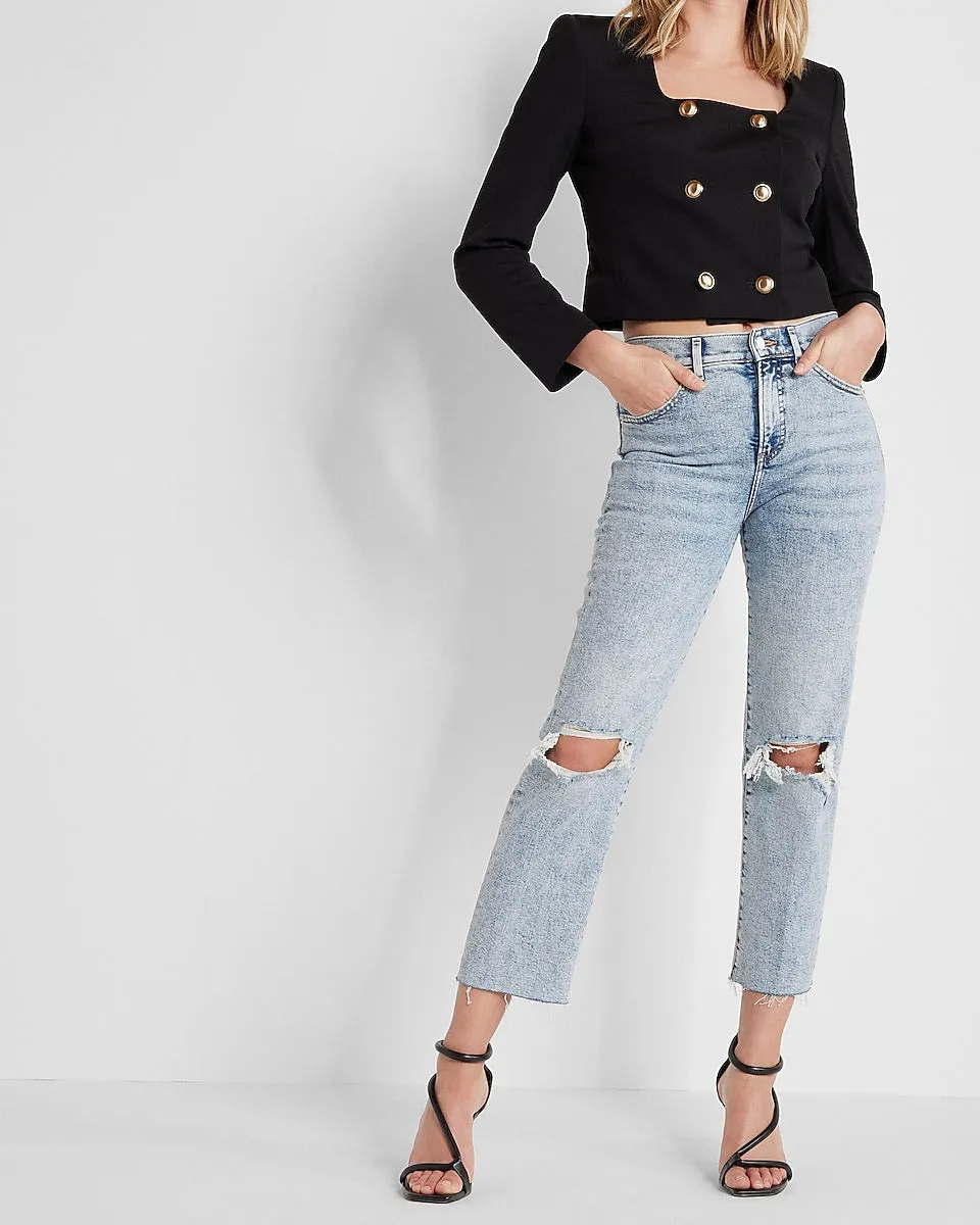 High Waisted Light Wash Ripped Straight Ankle Jeans in Light Wash