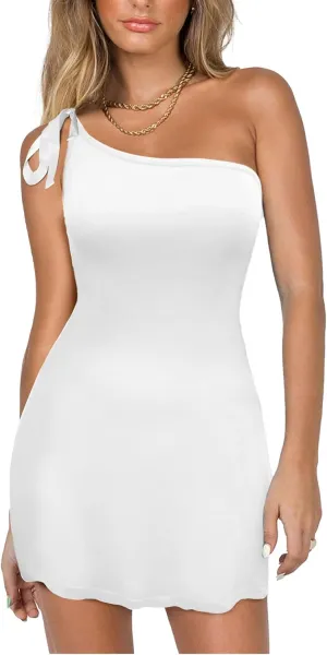 HYPERFIRE Women's Tie One Shoulder Spaghetti Strap Mini Dress Boat Neck Cocktail Short Dresses