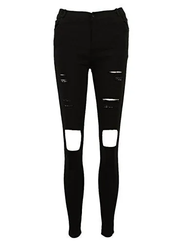 J-Deal® High Waist Woman Knee Skinny Pencil Pants Denim Ripped Jeans (Black, M)