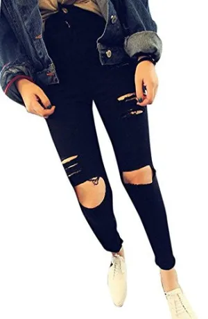 J-Deal® High Waist Woman Knee Skinny Pencil Pants Denim Ripped Jeans (Black, M)