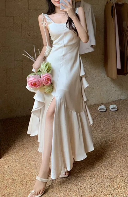 kamahe Green Backless Ruffles A-Line Long Prom Dress
