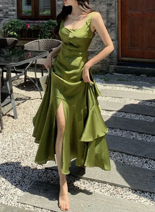 kamahe Green Backless Ruffles A-Line Long Prom Dress
