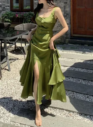 kamahe Green Backless Ruffles A-Line Long Prom Dress