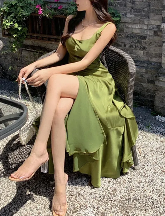 kamahe Green Backless Ruffles A-Line Long Prom Dress