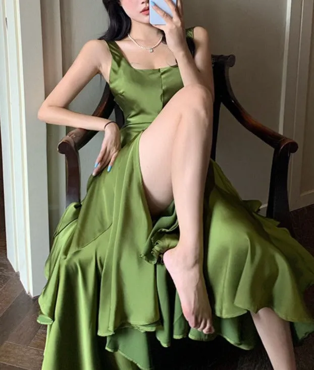 kamahe Green Backless Ruffles A-Line Long Prom Dress