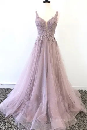 kamahe Unique v neck tulle lace long prom dress, tulle evening dress