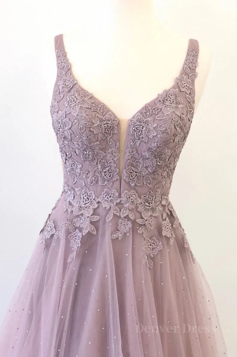 kamahe Unique v neck tulle lace long prom dress, tulle evening dress