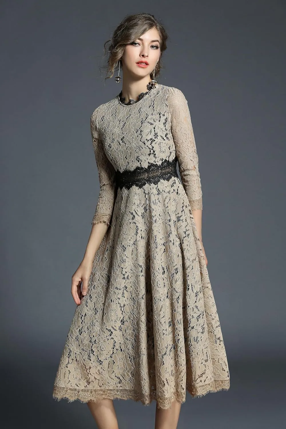 LAI MENG FIVE CATS Women's 3/4 Sleeve Elegant Floral Lace Cocktail Party Swing Midi Dance Dress