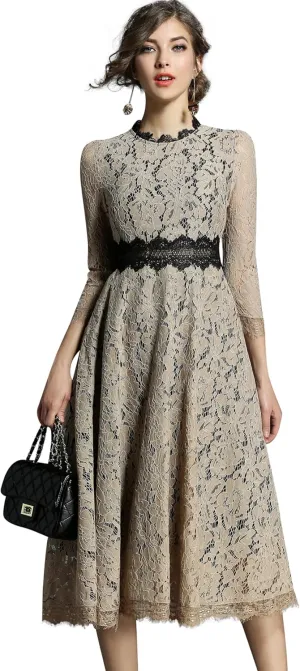 LAI MENG FIVE CATS Women's 3/4 Sleeve Elegant Floral Lace Cocktail Party Swing Midi Dance Dress