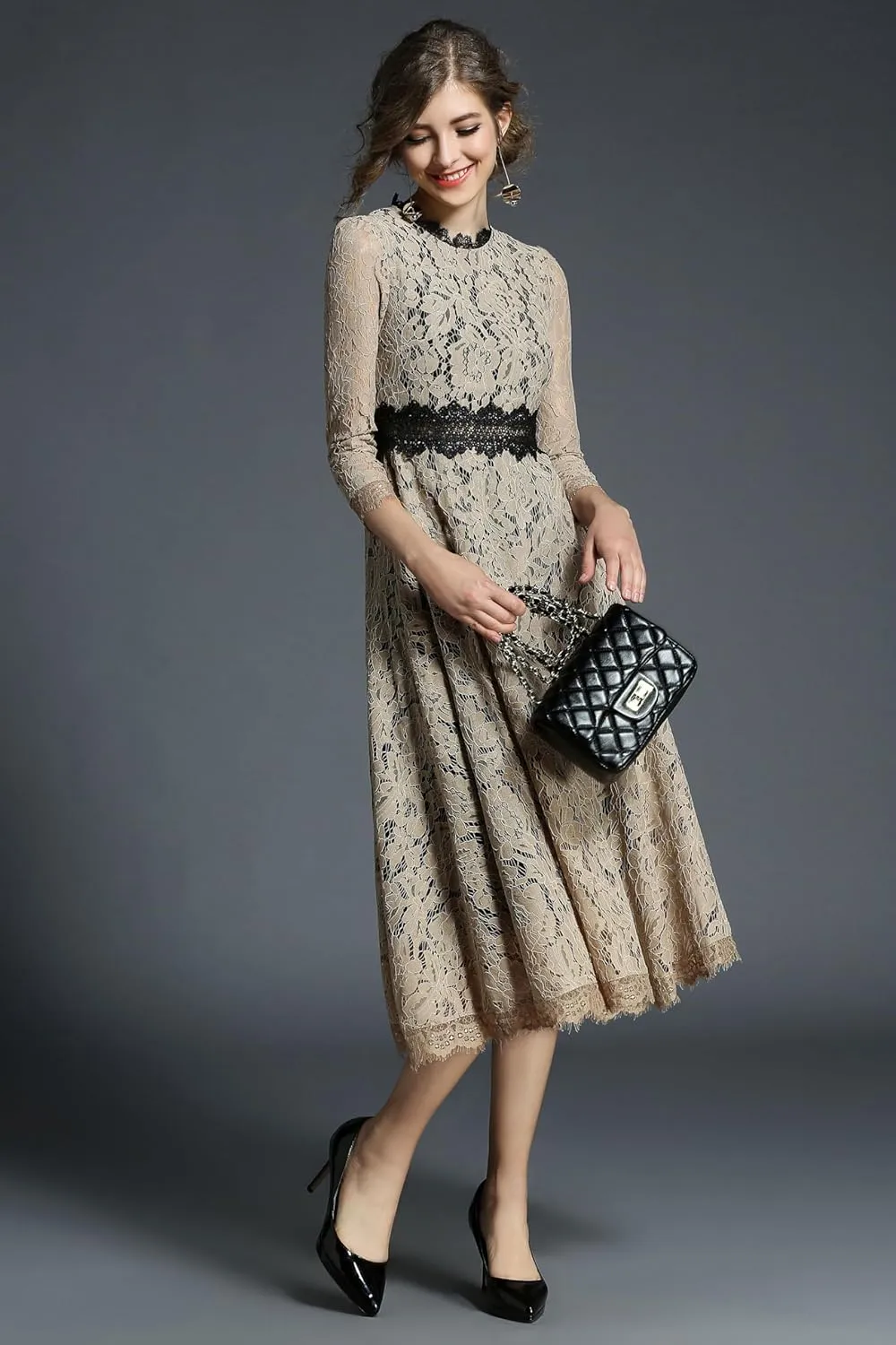 LAI MENG FIVE CATS Women's 3/4 Sleeve Elegant Floral Lace Cocktail Party Swing Midi Dance Dress