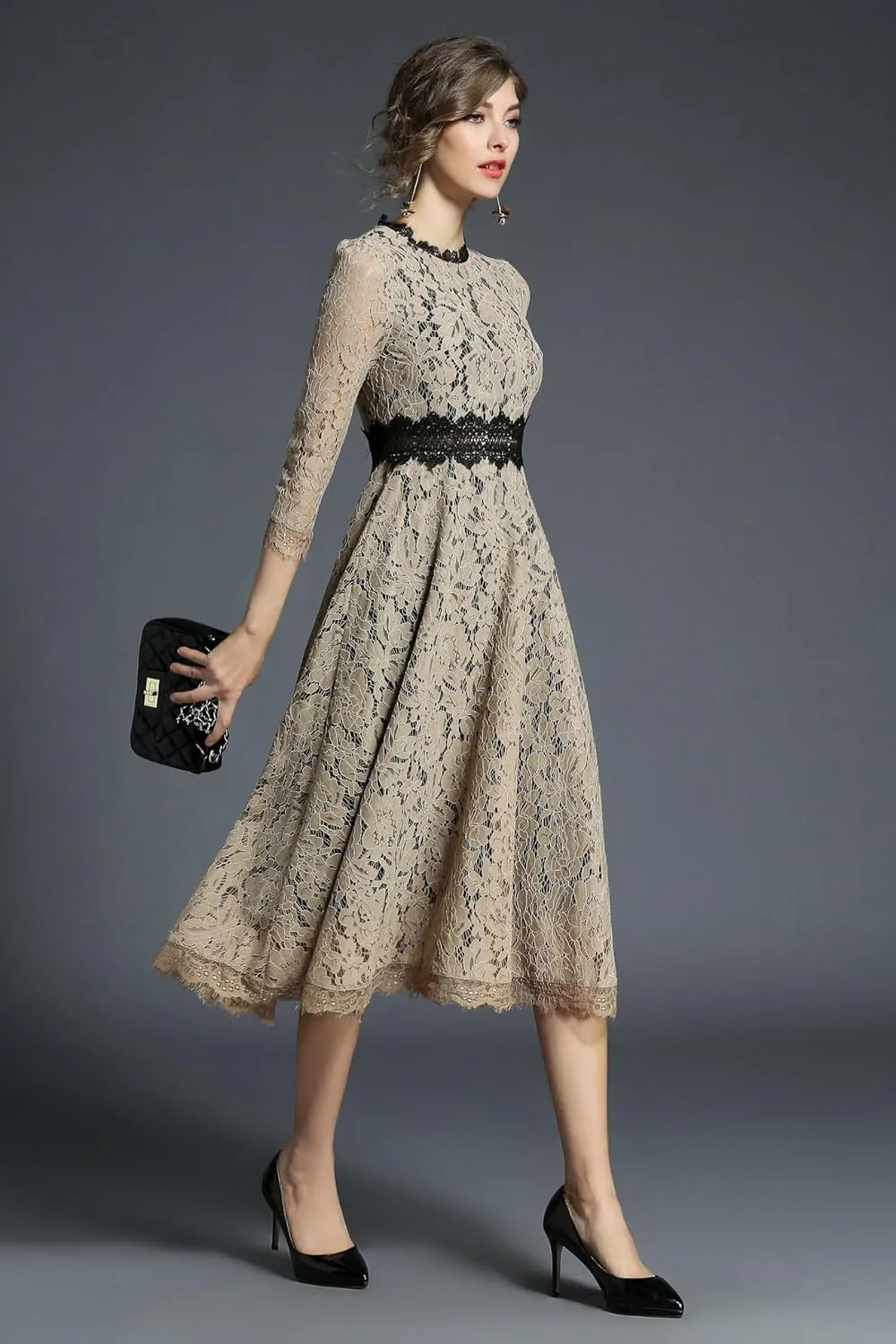 LAI MENG FIVE CATS Women's 3/4 Sleeve Elegant Floral Lace Cocktail Party Swing Midi Dance Dress
