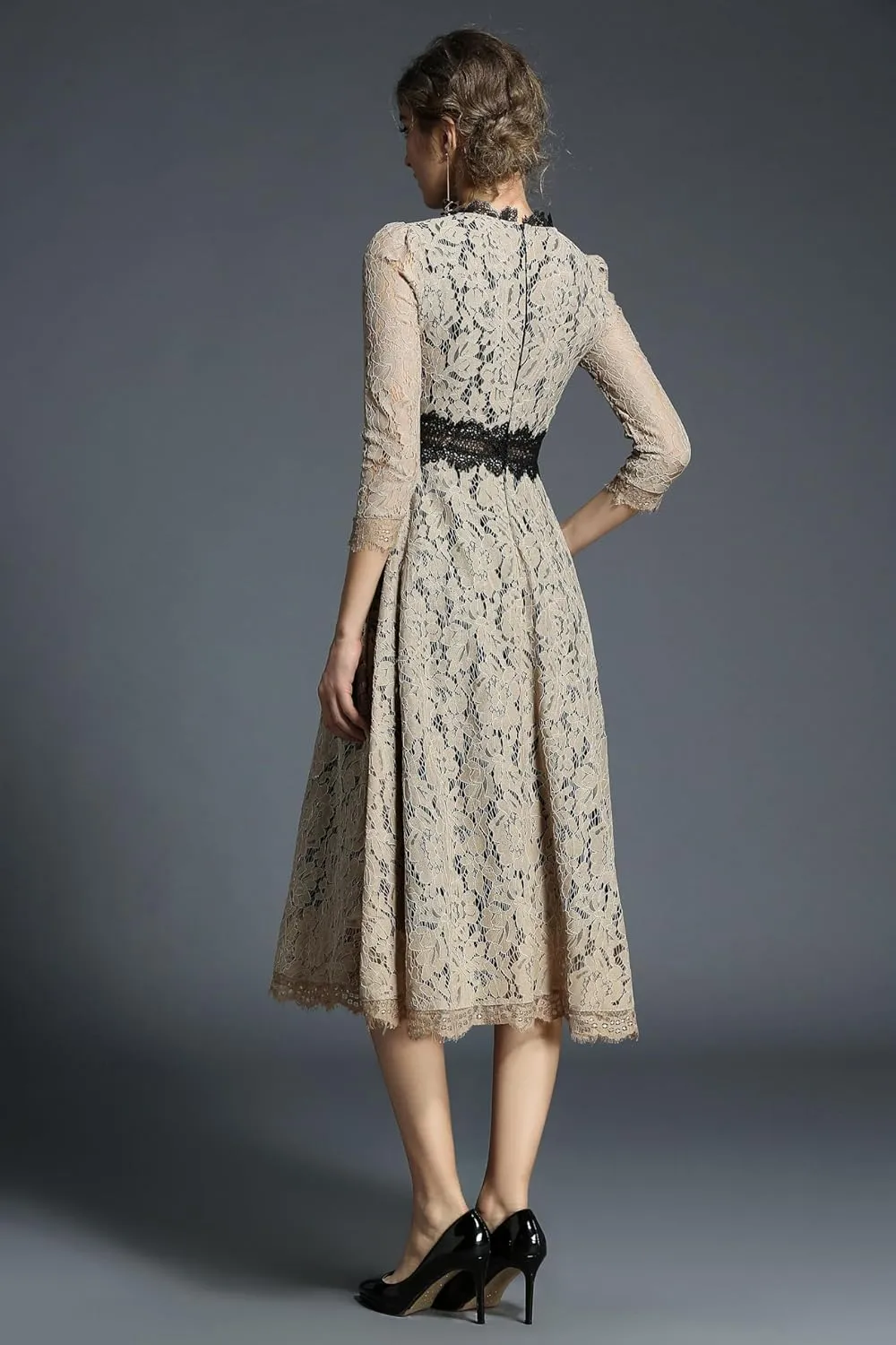 LAI MENG FIVE CATS Women's 3/4 Sleeve Elegant Floral Lace Cocktail Party Swing Midi Dance Dress