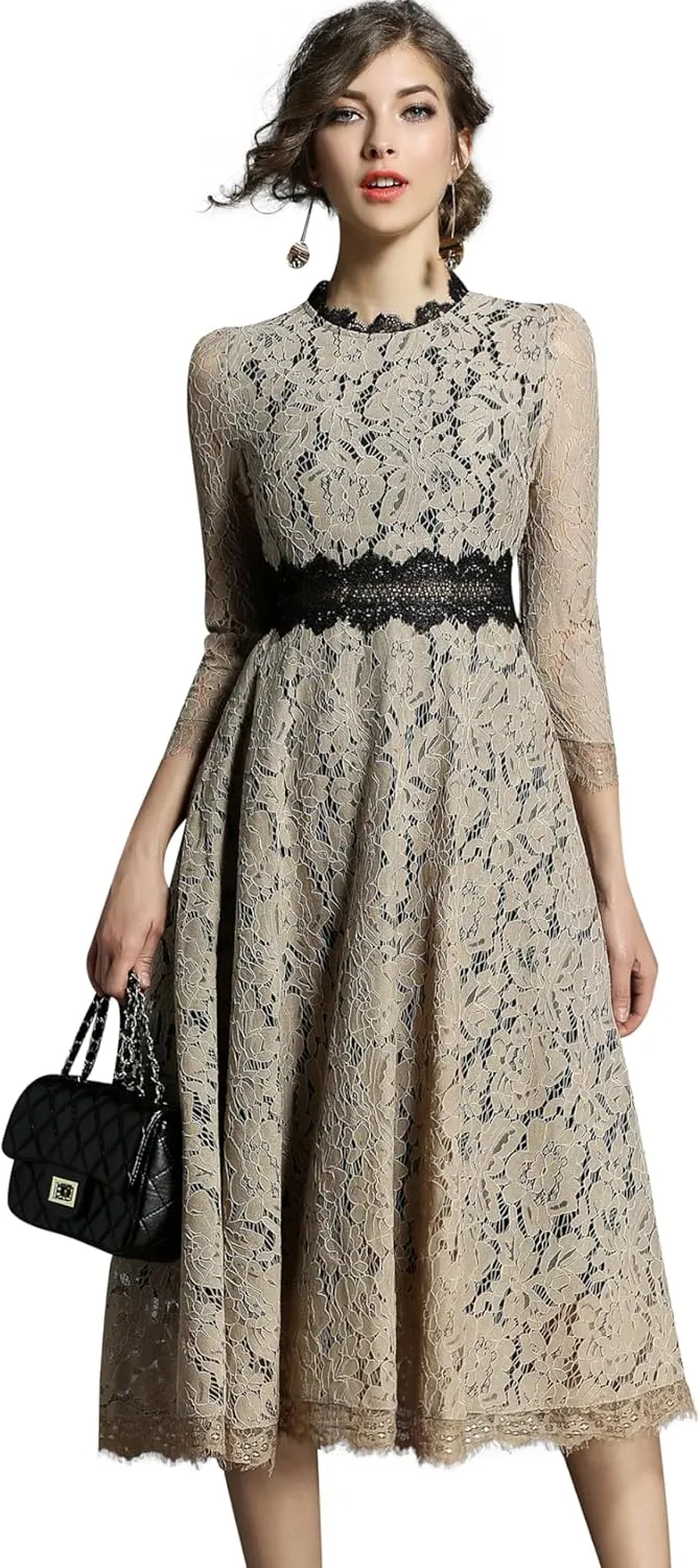 LAI MENG FIVE CATS Women's 3/4 Sleeve Elegant Floral Lace Cocktail Party Swing Midi Dance Dress