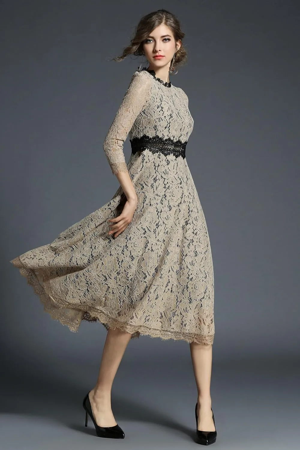 LAI MENG FIVE CATS Women's 3/4 Sleeve Elegant Floral Lace Cocktail Party Swing Midi Dance Dress