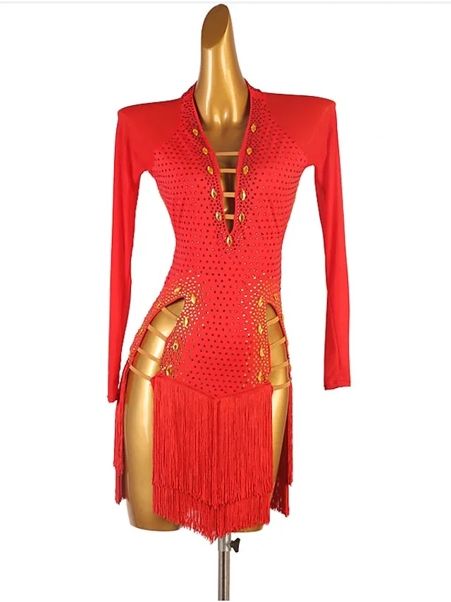 Latin Dance Dress Tassel Crystals / Rhinestones Women's Performance Long Sleeve Chinlon Mesh