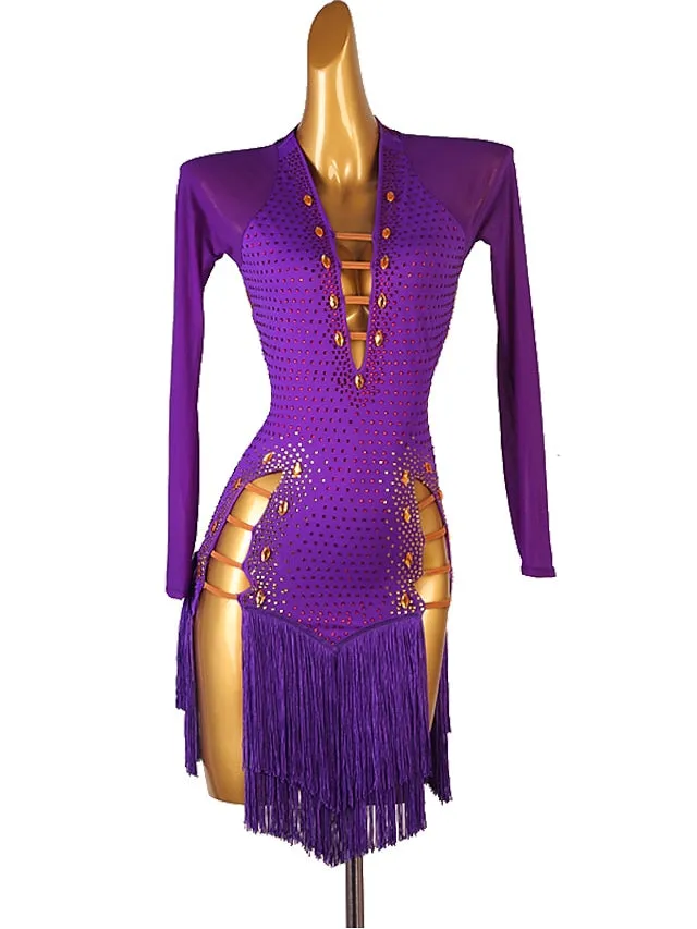 Latin Dance Dress Tassel Crystals / Rhinestones Women's Performance Long Sleeve Chinlon Mesh