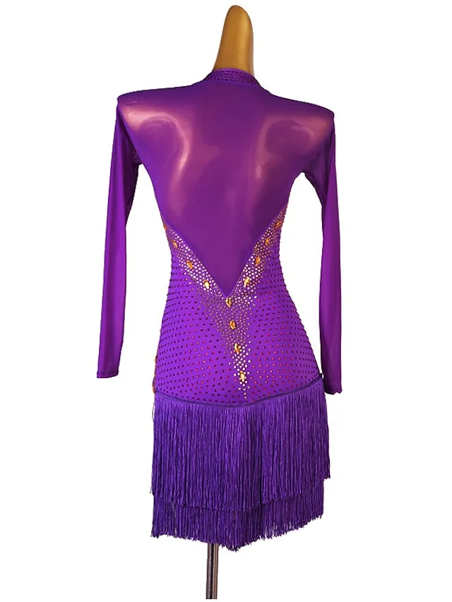 Latin Dance Dress Tassel Crystals / Rhinestones Women's Performance Long Sleeve Chinlon Mesh