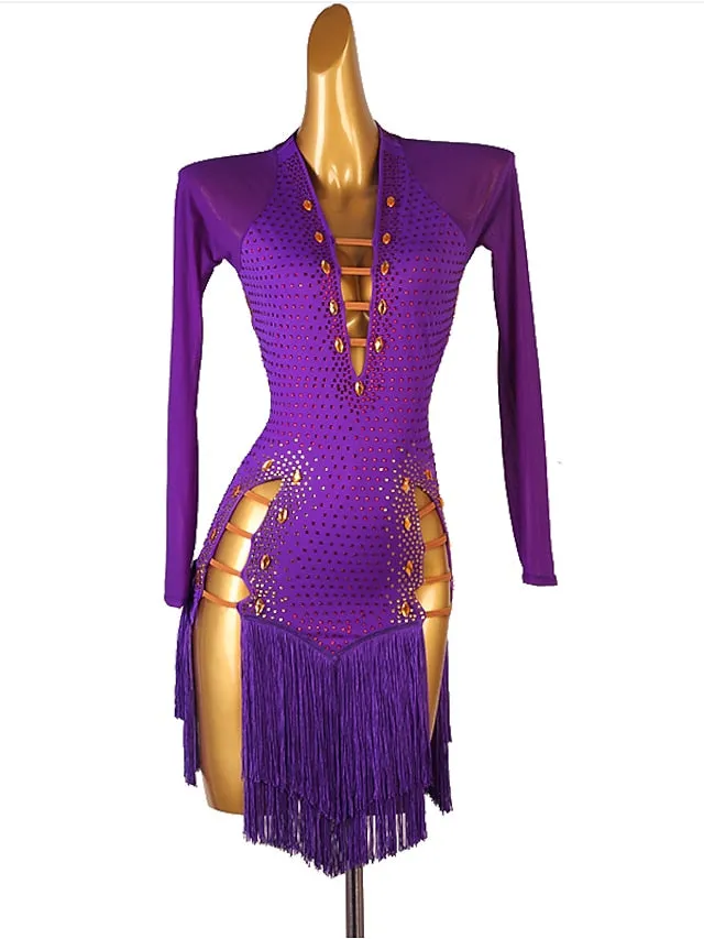 Latin Dance Dress Tassel Crystals / Rhinestones Women's Performance Long Sleeve Chinlon Mesh