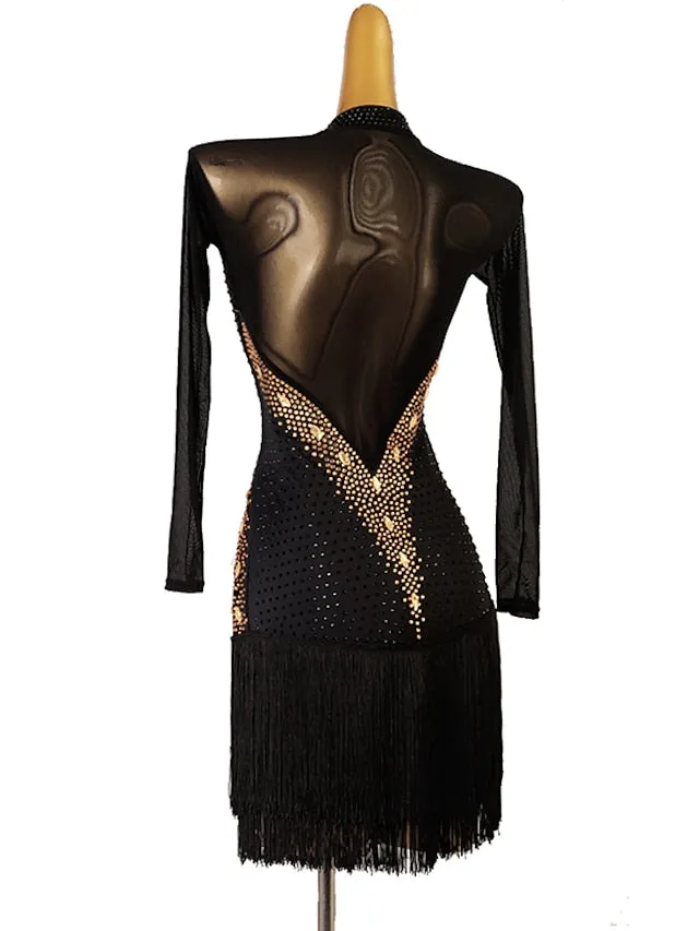 Latin Dance Dress Tassel Crystals / Rhinestones Women's Performance Long Sleeve Chinlon Mesh