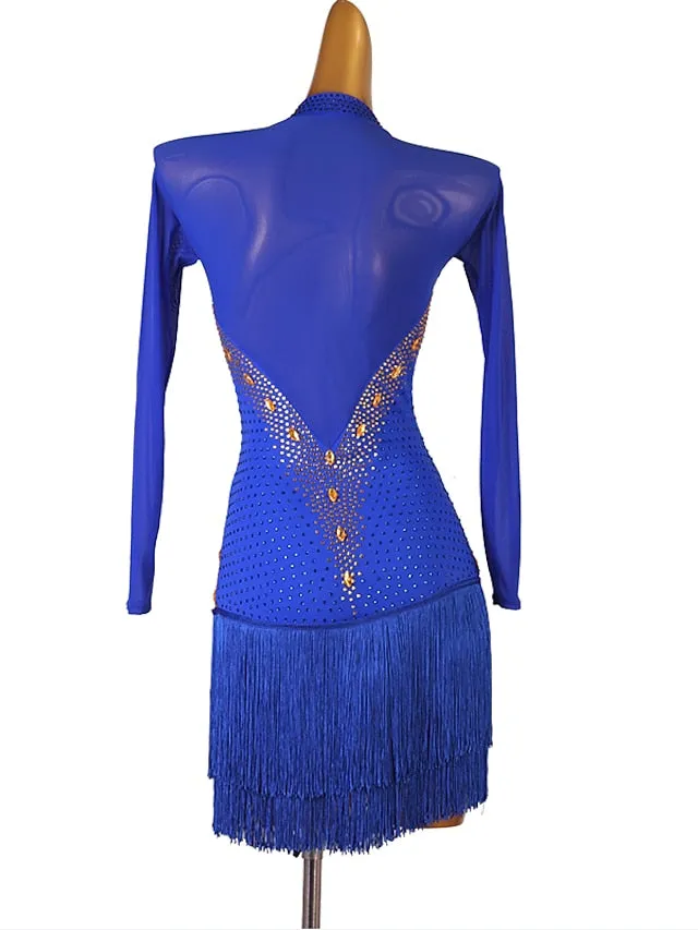 Latin Dance Dress Tassel Crystals / Rhinestones Women's Performance Long Sleeve Chinlon Mesh