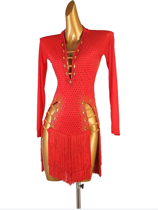 Latin Dance Dress Tassel Crystals / Rhinestones Women's Performance Long Sleeve Chinlon Mesh