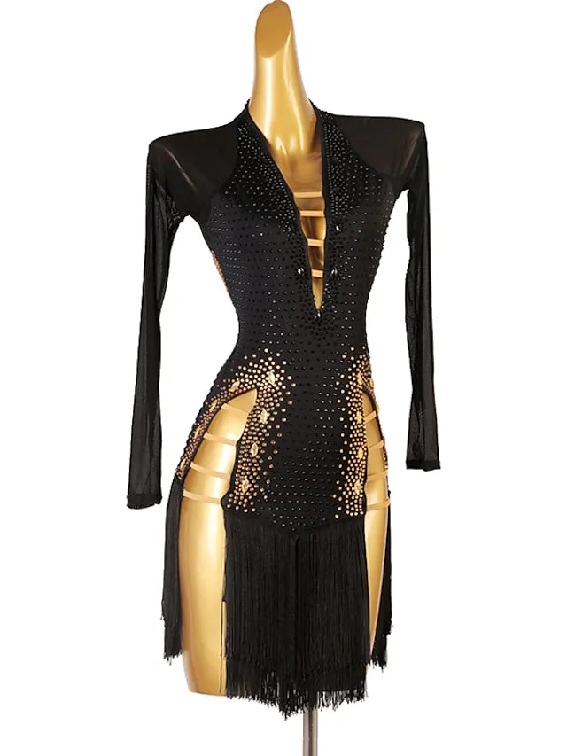 Latin Dance Dress Tassel Crystals / Rhinestones Women's Performance Long Sleeve Chinlon Mesh