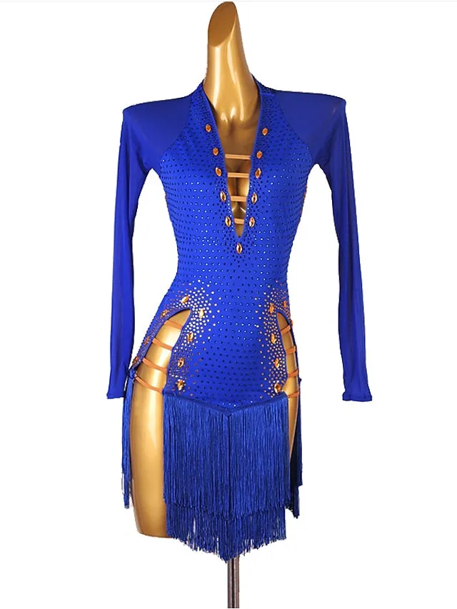 Latin Dance Dress Tassel Crystals / Rhinestones Women's Performance Long Sleeve Chinlon Mesh