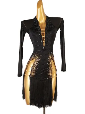 Latin Dance Dress Tassel Crystals / Rhinestones Women's Performance Long Sleeve Chinlon Mesh