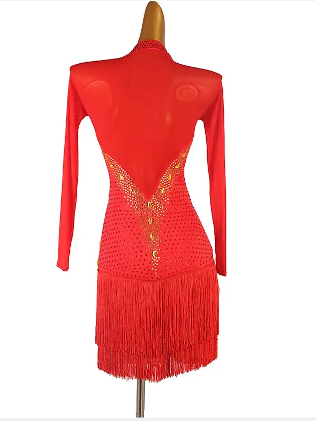 Latin Dance Dress Tassel Crystals / Rhinestones Women's Performance Long Sleeve Chinlon Mesh