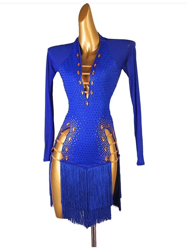 Latin Dance Dress Tassel Crystals / Rhinestones Women's Performance Long Sleeve Chinlon Mesh