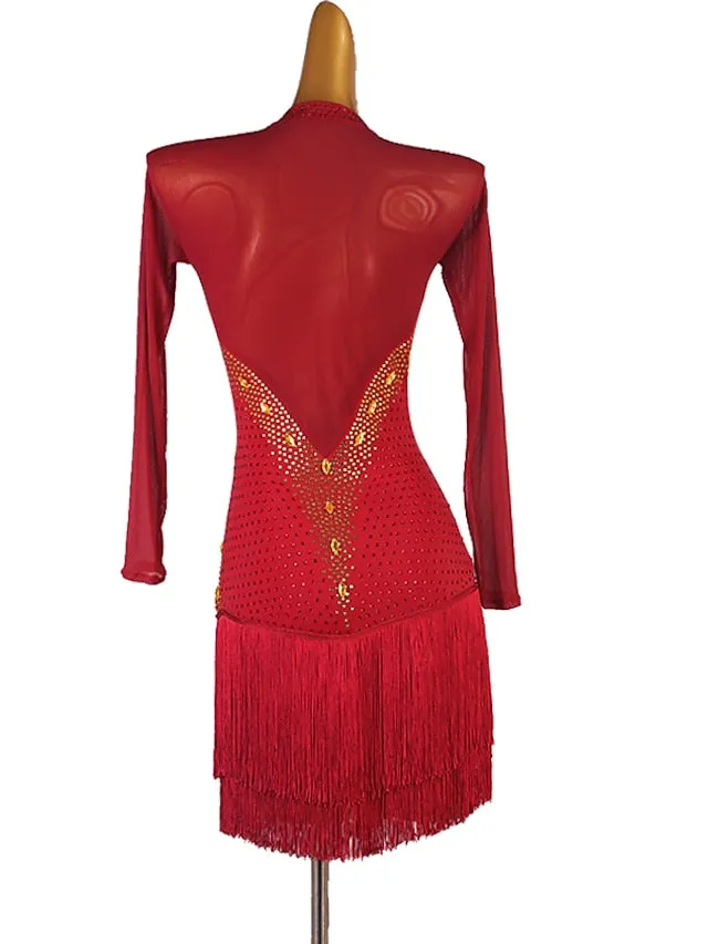 Latin Dance Dress Tassel Crystals / Rhinestones Women's Performance Long Sleeve Chinlon Mesh
