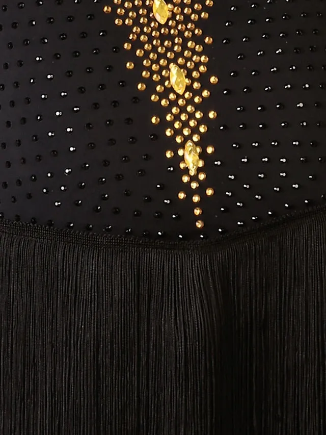 Latin Dance Dress Tassel Crystals / Rhinestones Women's Performance Long Sleeve Chinlon Mesh