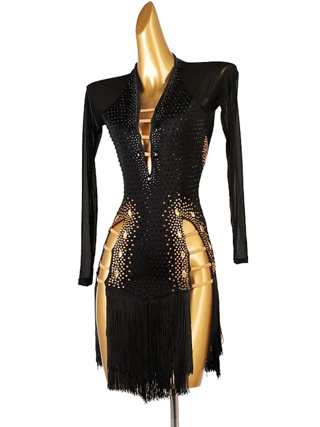 Latin Dance Dress Tassel Crystals / Rhinestones Women's Performance Long Sleeve Chinlon Mesh