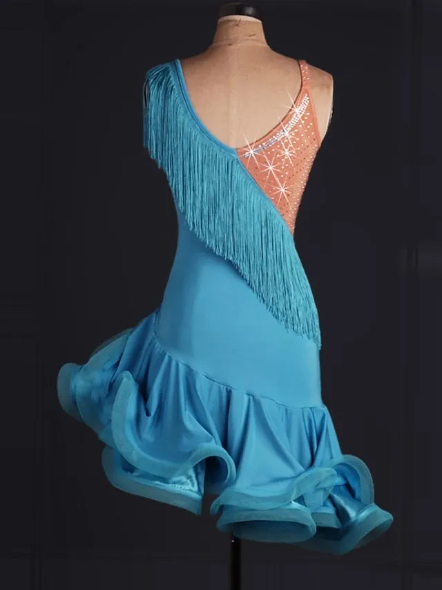 Latin Dance Dress Tassel Crystals / Rhinestones Women's Training Performance Sleeveless High Spandex Tulle