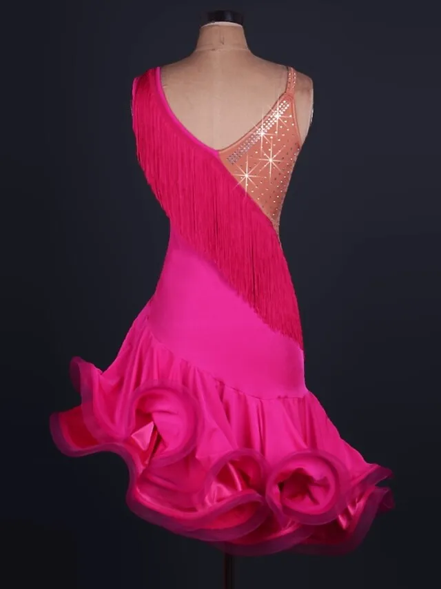 Latin Dance Dress Tassel Crystals / Rhinestones Women's Training Performance Sleeveless High Spandex Tulle