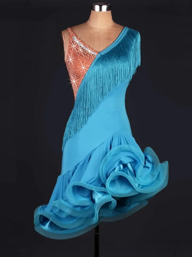 Latin Dance Dress Tassel Crystals / Rhinestones Women's Training Performance Sleeveless High Spandex Tulle