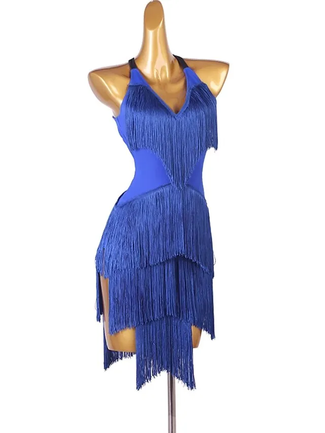 Latin Dance Dress Tassel Split Joint Women's Performance Training Sleeveless Chinlon