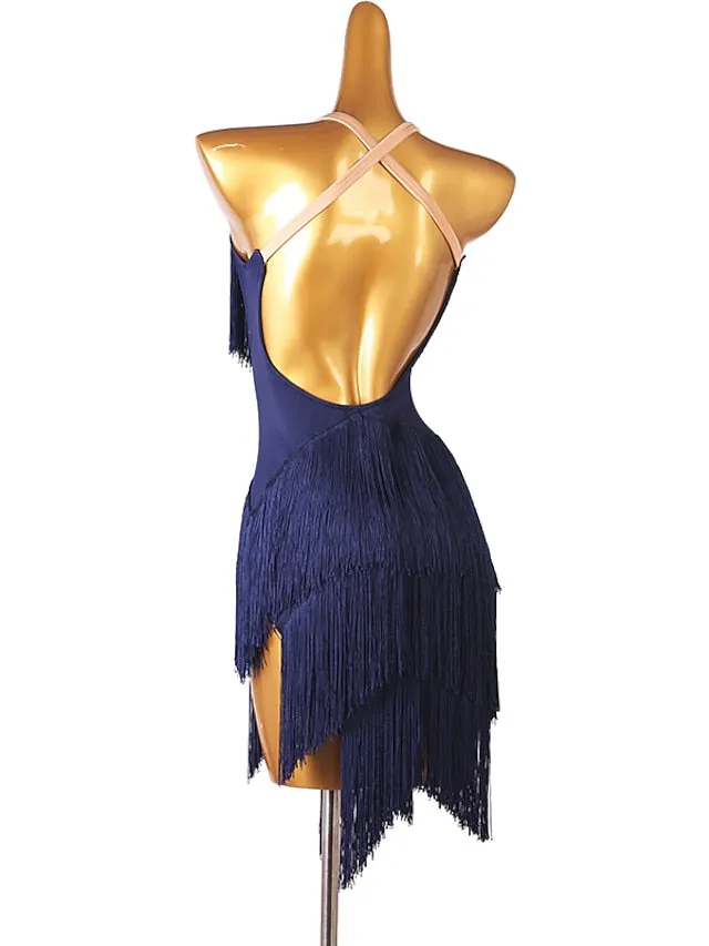 Latin Dance Dress Tassel Split Joint Women's Performance Training Sleeveless Chinlon