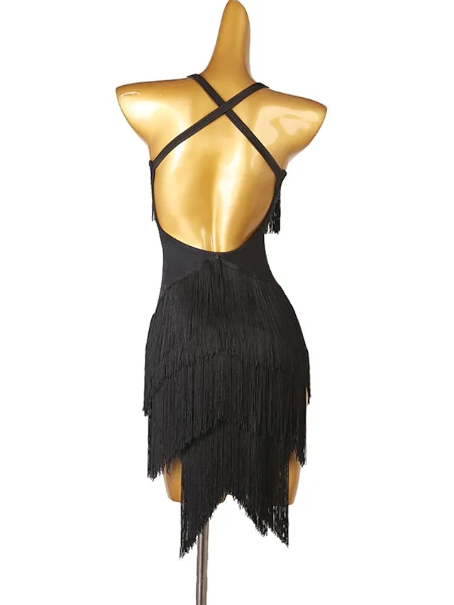 Latin Dance Dress Tassel Split Joint Women's Performance Training Sleeveless Chinlon