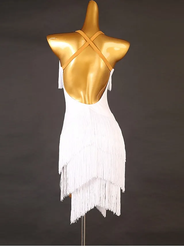 Latin Dance Dress Tassel Split Joint Women's Performance Training Sleeveless Chinlon