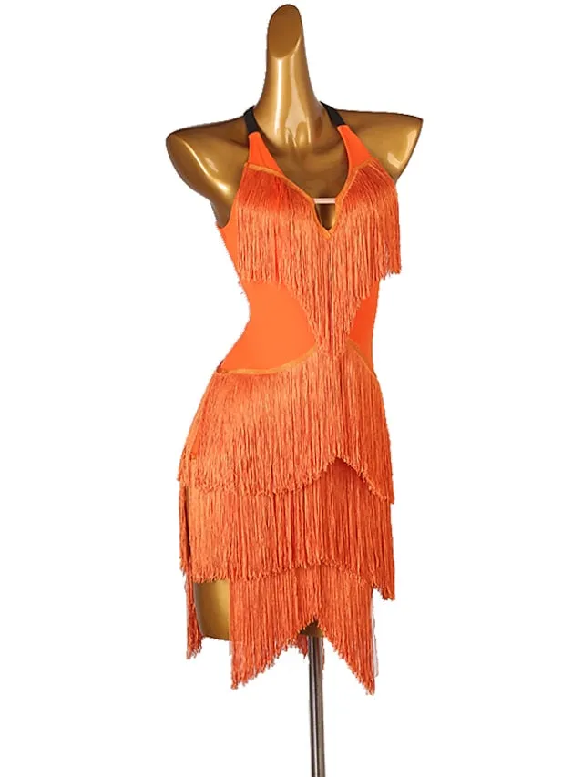 Latin Dance Dress Tassel Split Joint Women's Performance Training Sleeveless Chinlon