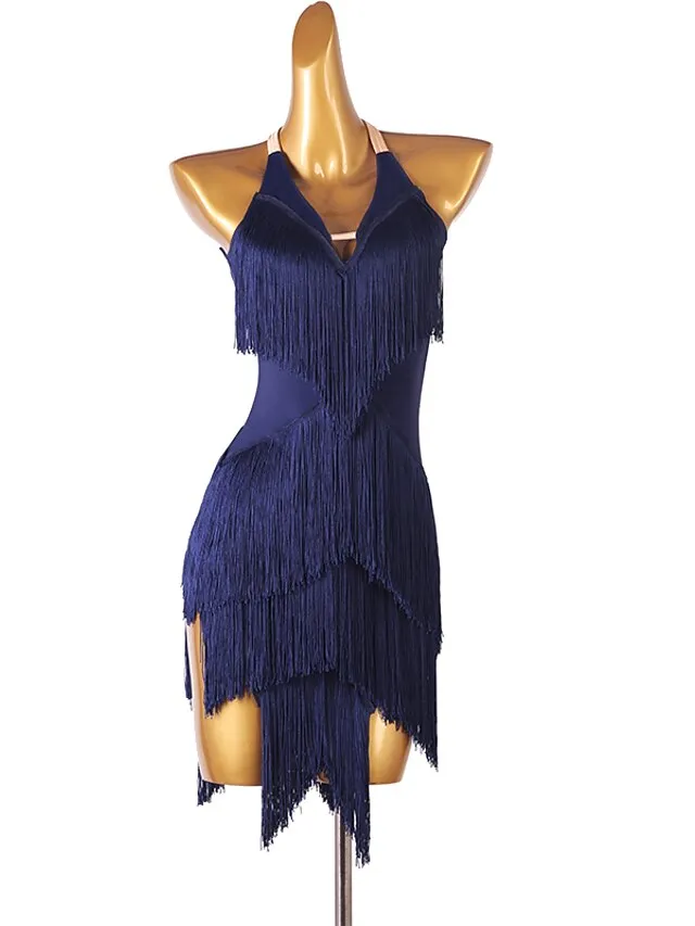 Latin Dance Dress Tassel Split Joint Women's Performance Training Sleeveless Chinlon