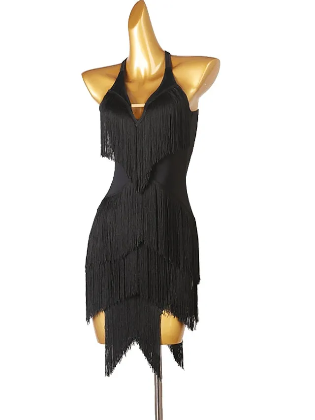 Latin Dance Dress Tassel Split Joint Women's Performance Training Sleeveless Chinlon