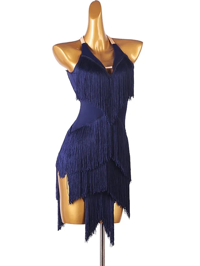 Latin Dance Dress Tassel Split Joint Women's Performance Training Sleeveless Chinlon