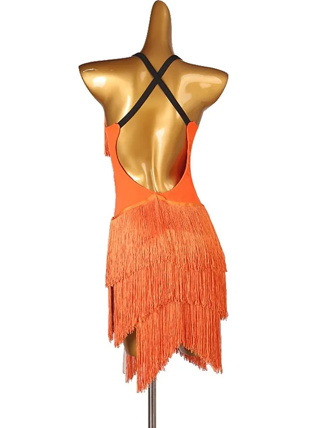 Latin Dance Dress Tassel Split Joint Women's Performance Training Sleeveless Chinlon