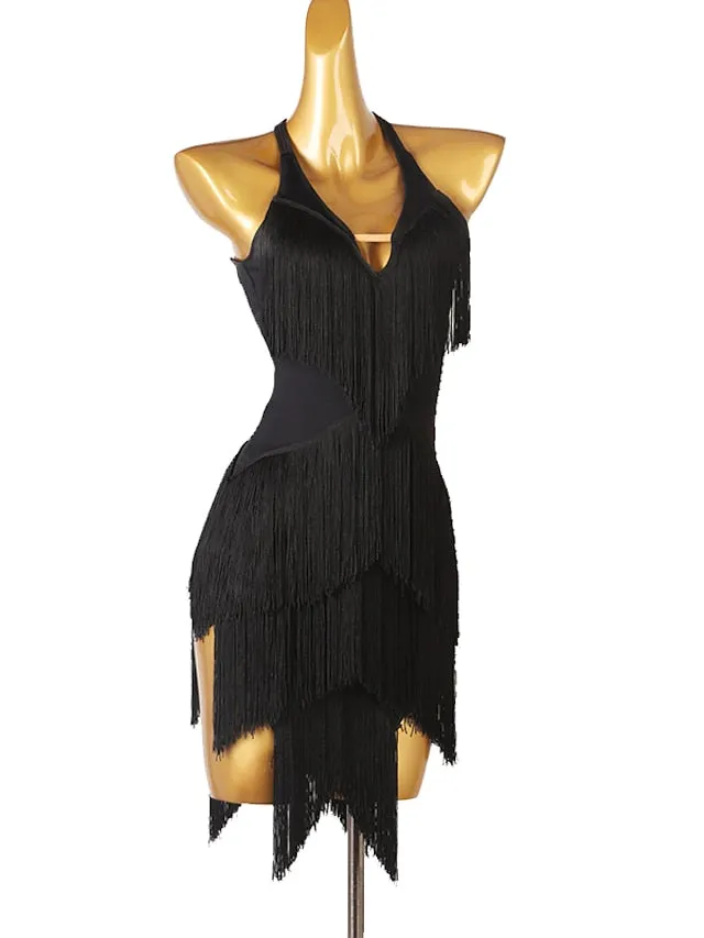 Latin Dance Dress Tassel Split Joint Women's Performance Training Sleeveless Chinlon