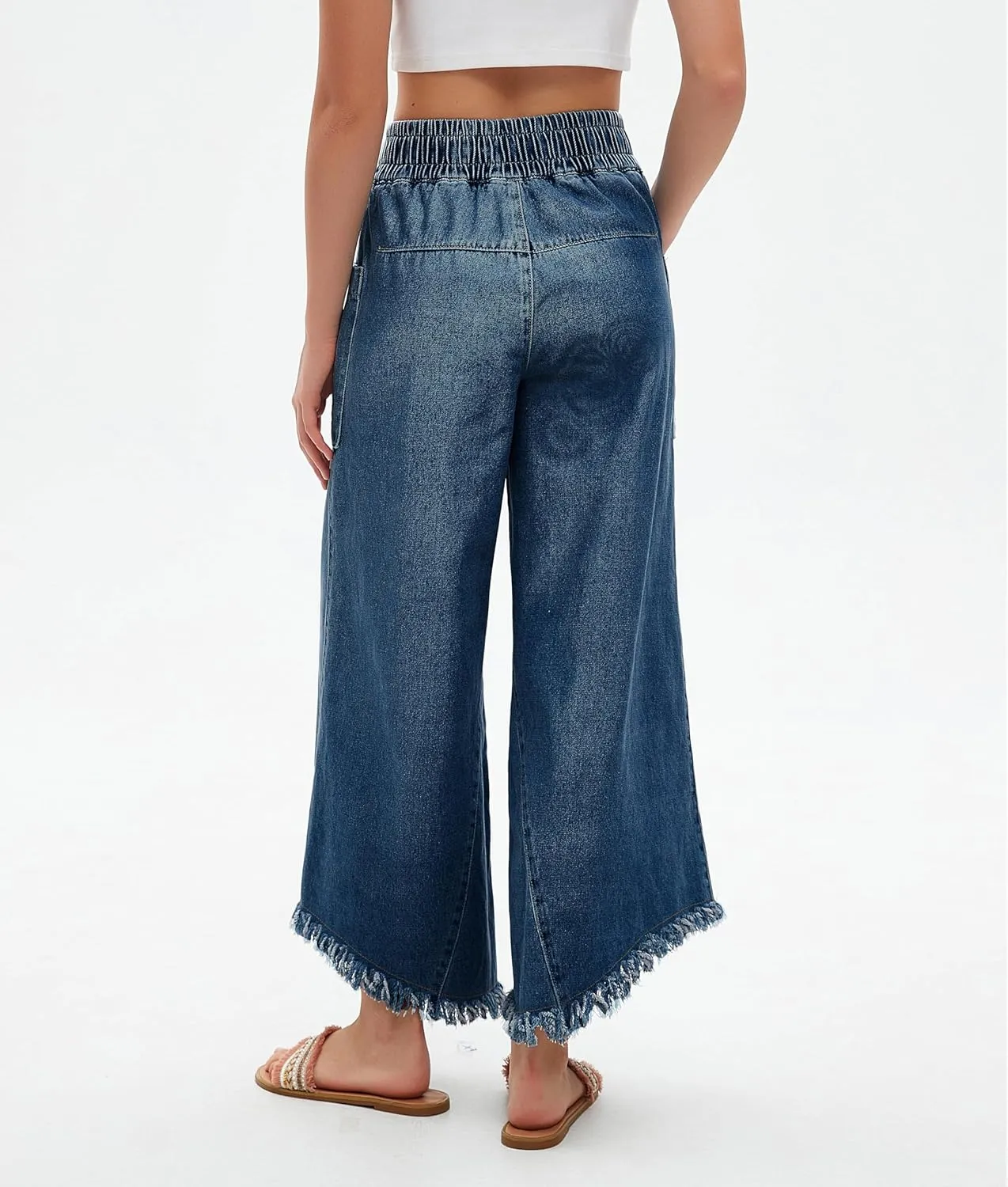 LifeShe Women's Baggy Wide Leg Jeans Elastic Waisted Cropped Denim Pants Loose Boyfriend Raw Hem Jeans